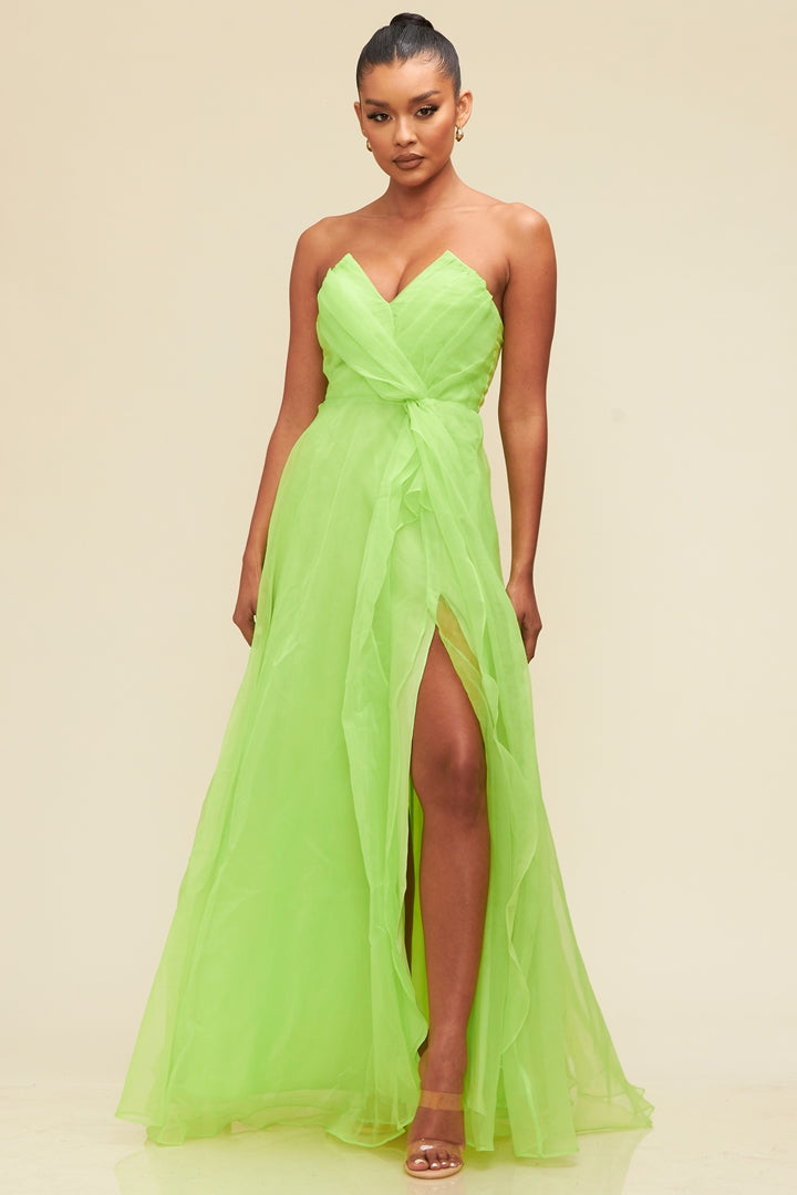 Lime Organza V Neckline Maxi Dress