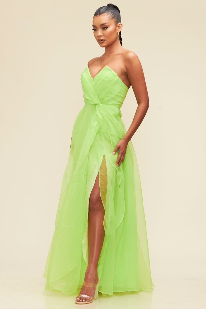 Lime Organza V Neckline Maxi Dress