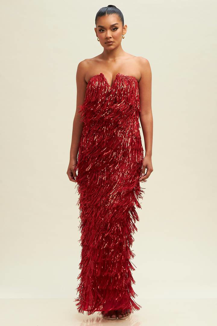 Red Sequin Fringe Maxi Dress