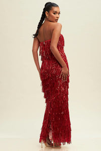 Red Sequin Fringe Maxi Dress