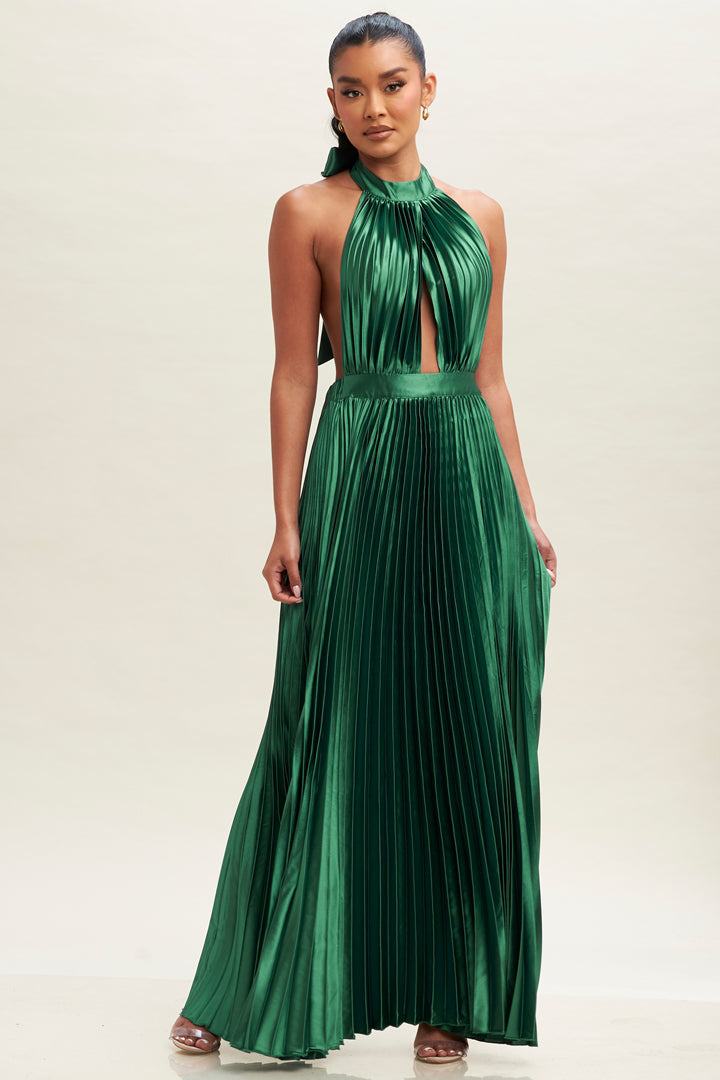 Satin Pleated Halter Dress