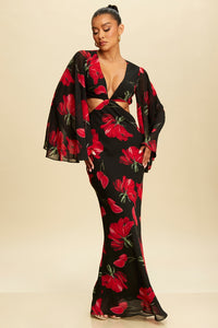 Red Floral Flutter Sleeves Maxi Dress