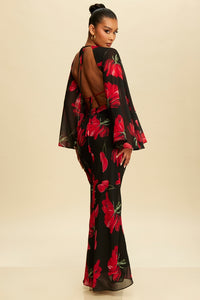 Red Floral Flutter Sleeves Maxi Dress