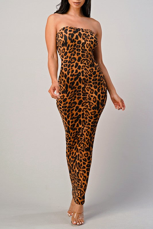Leopard Print Strapless Tube Midi Dress