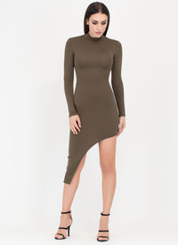 Olive Asymmetrical Mockneck Bodycon Dress