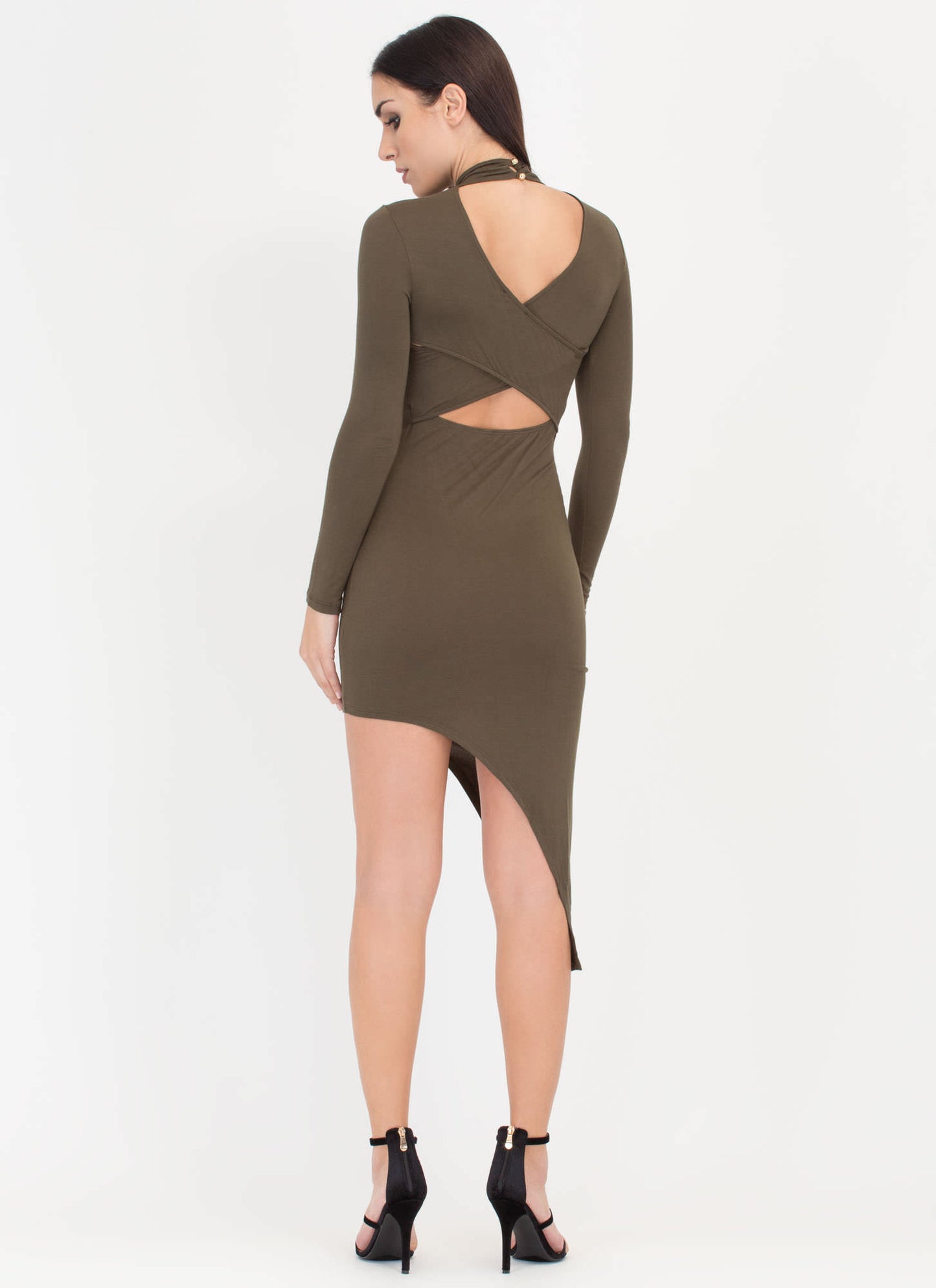 Olive Asymmetrical Mockneck Bodycon Dress