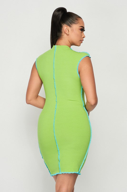 Green Ribbed Dress With Stitch Detailing