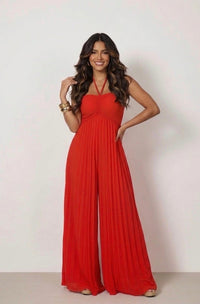 Red Pleated Wide-Leg Jumpsuit - Strapless Halter Neck Evening & Party Outfit