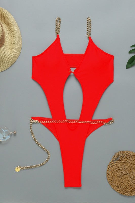 Red One Piece With Chain Belt