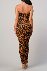 Leopard Print Strapless Tube Midi Dress