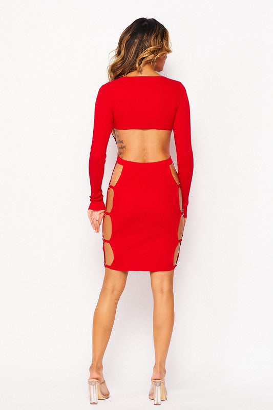Red Side Open Long Sleeve Dress