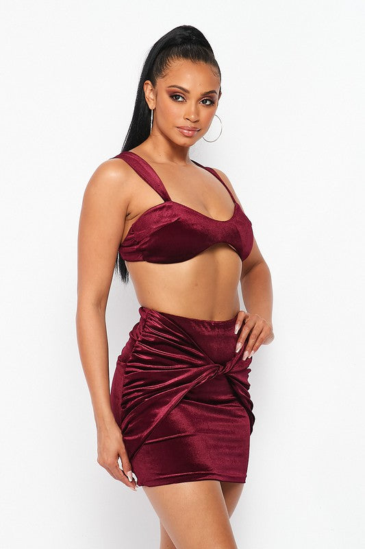 Velvet crop top outlet and skirt set