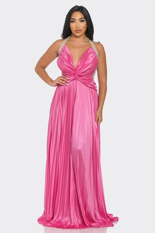 Pink Rhinestone Pleated Maxi Dress