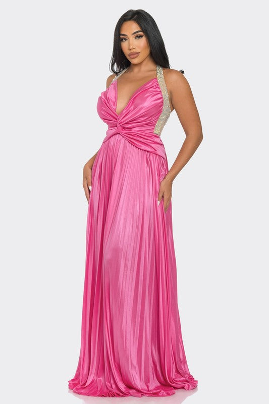 Pink Rhinestone Pleated Maxi Dress