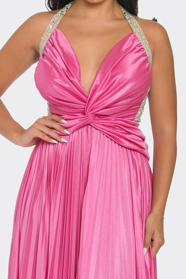 Pink Rhinestone Pleated Maxi Dress