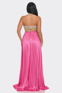 Pink Rhinestone Pleated Maxi Dress