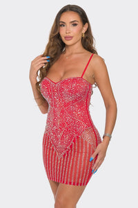 Red Rhinestone Embellished Bodycon Mini Dress