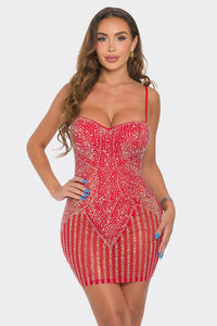 Red Rhinestone Embellished Bodycon Mini Dress