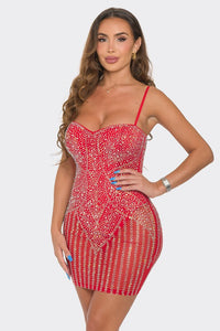 Red Rhinestone Embellished Bodycon Mini Dress