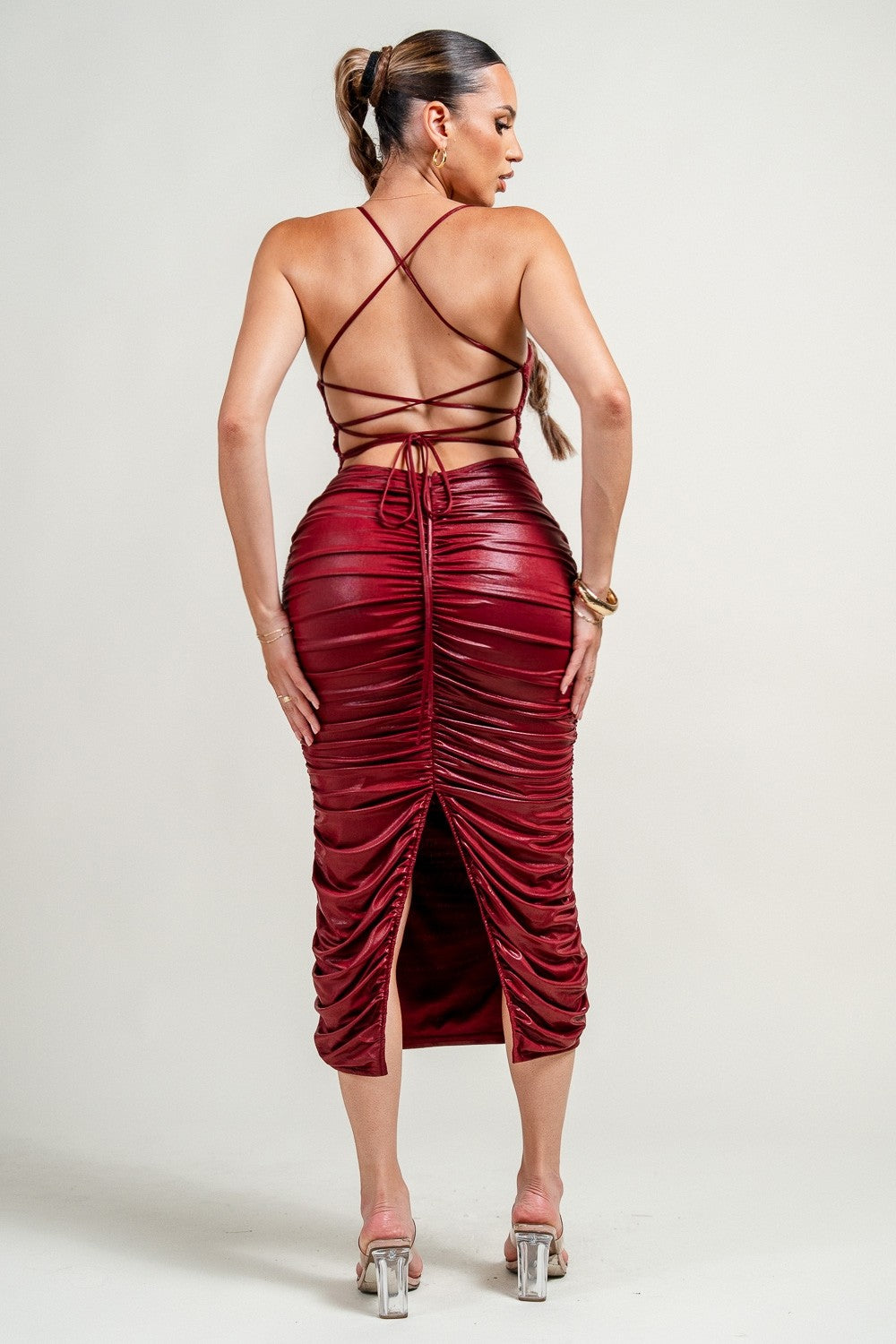 Burgundy Ruched Faux Leather Midi Dress - Metallic Bodycon