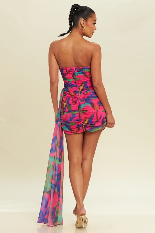 Palm Side Drape Strapless Mini Dress