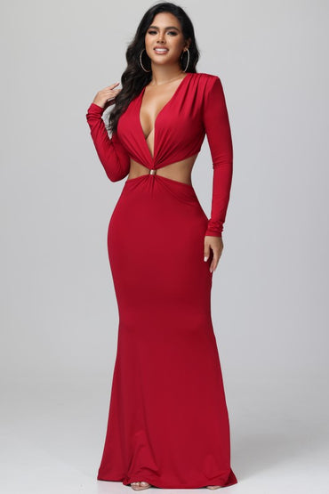 Burgundy Deep V Long Sleeve Maxi Dress