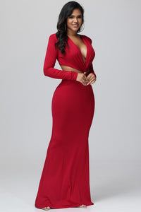 Burgundy Deep V Long Sleeve Maxi Dress