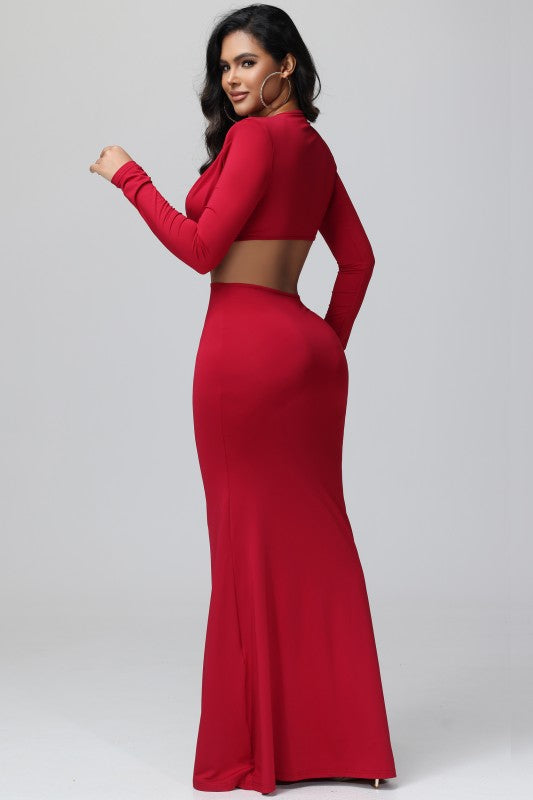 Burgundy Deep V Long Sleeve Maxi Dress