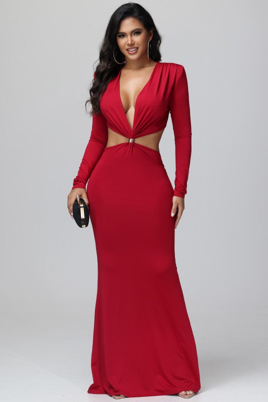 Burgundy Deep V Long Sleeve Maxi Dress