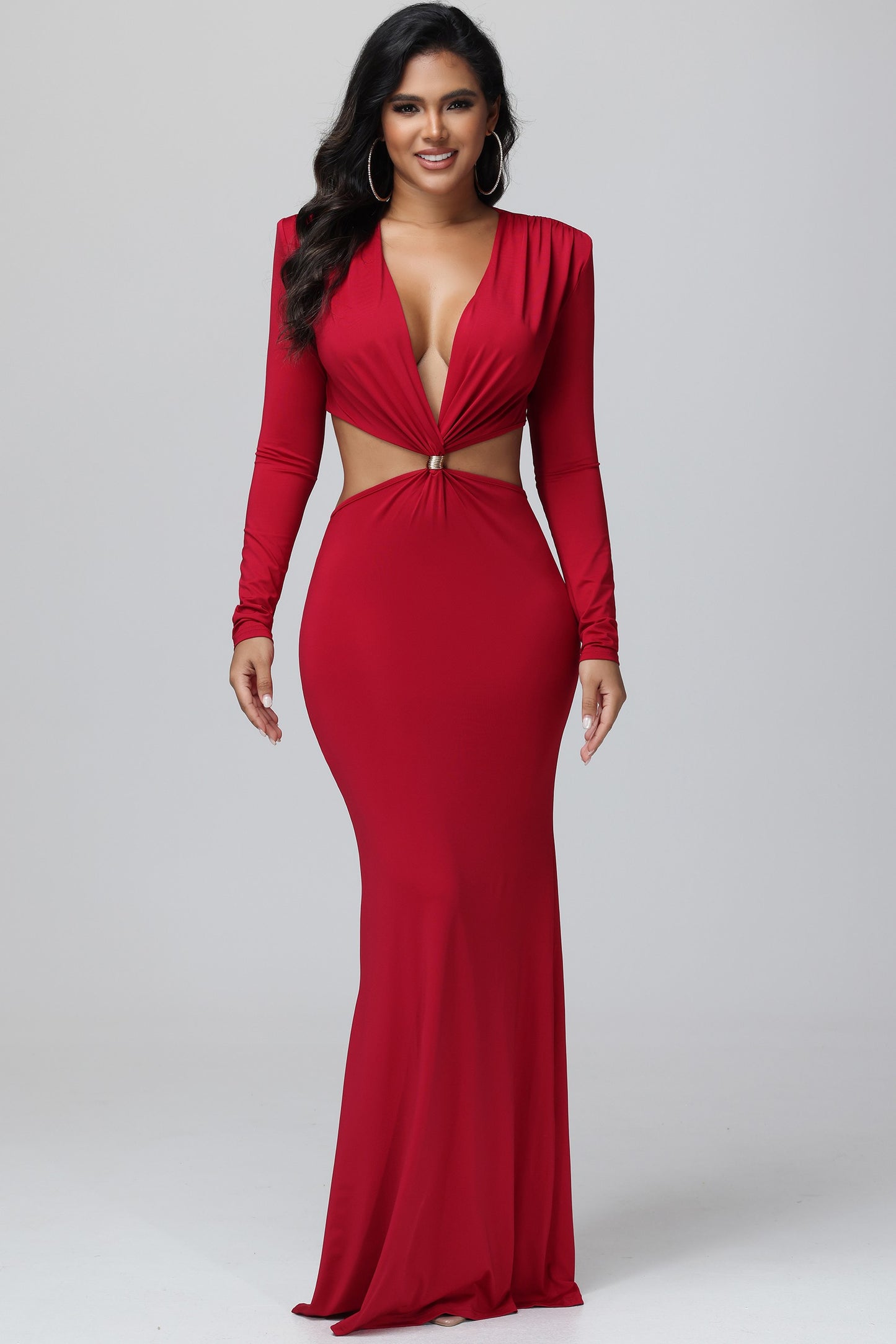 Burgundy Deep V Long Sleeve Maxi Dress