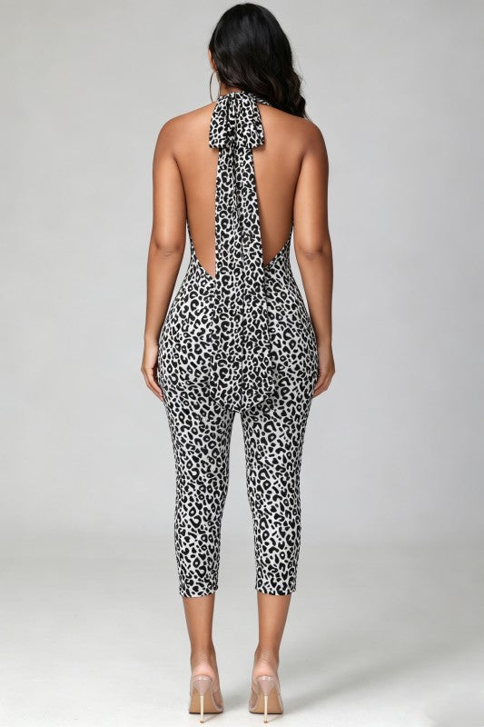 Women’s Leopard Print Halter Jumpsuit – Sleeveless Slim-Fit Cropped Leg Bodysuit