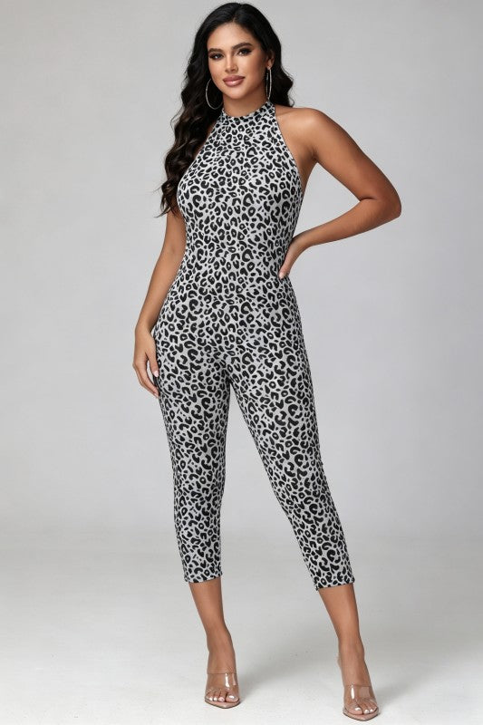 Women’s Leopard Print Halter Jumpsuit – Sleeveless Slim-Fit Cropped Leg Bodysuit