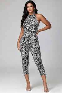 Women’s Leopard Print Halter Jumpsuit – Sleeveless Slim-Fit Cropped Leg Bodysuit