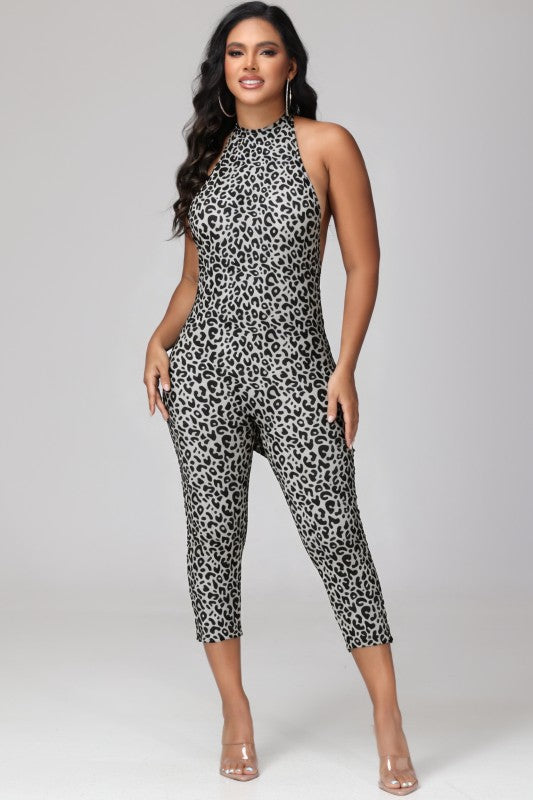 Women’s Leopard Print Halter Jumpsuit – Sleeveless Slim-Fit Cropped Leg Bodysuit
