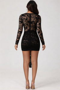 Women’s Black Lace Ruched Mini Dress – Long Sleeve Bodycon Party Dress
