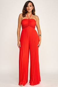 Red Pleated Wide-Leg Jumpsuit