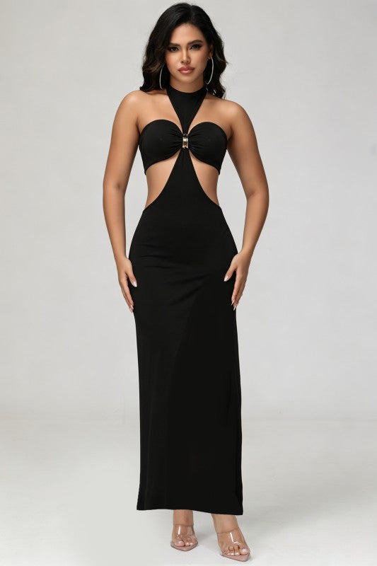 Women’s Black Cutout Maxi Dress – Halter Neck Bodycon Evening Dress