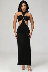 Women’s Black Cutout Maxi Dress – Halter Neck Bodycon Evening Dress
