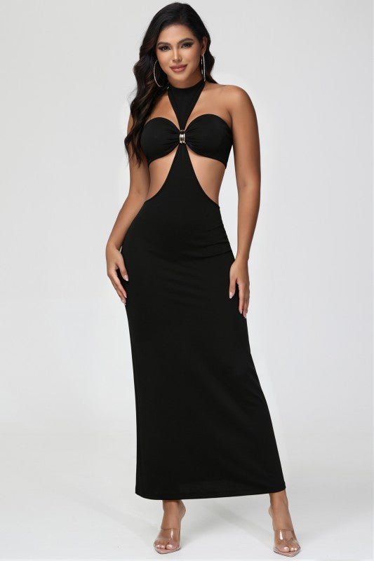 Women’s Black Cutout Maxi Dress – Halter Neck Bodycon Evening Dress
