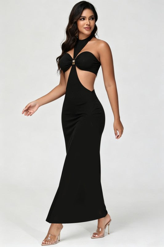 Women’s Black Cutout Maxi Dress – Halter Neck Bodycon Evening Dress