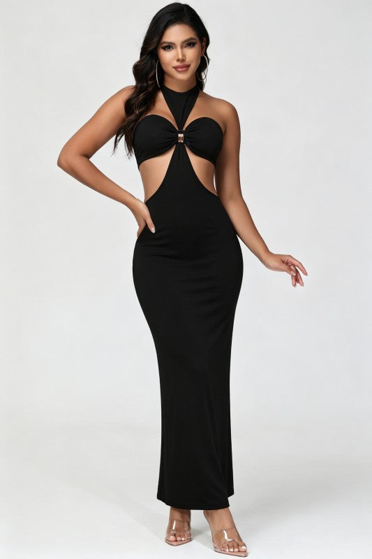 Women’s Black Cutout Maxi Dress – Halter Neck Bodycon Evening Dress