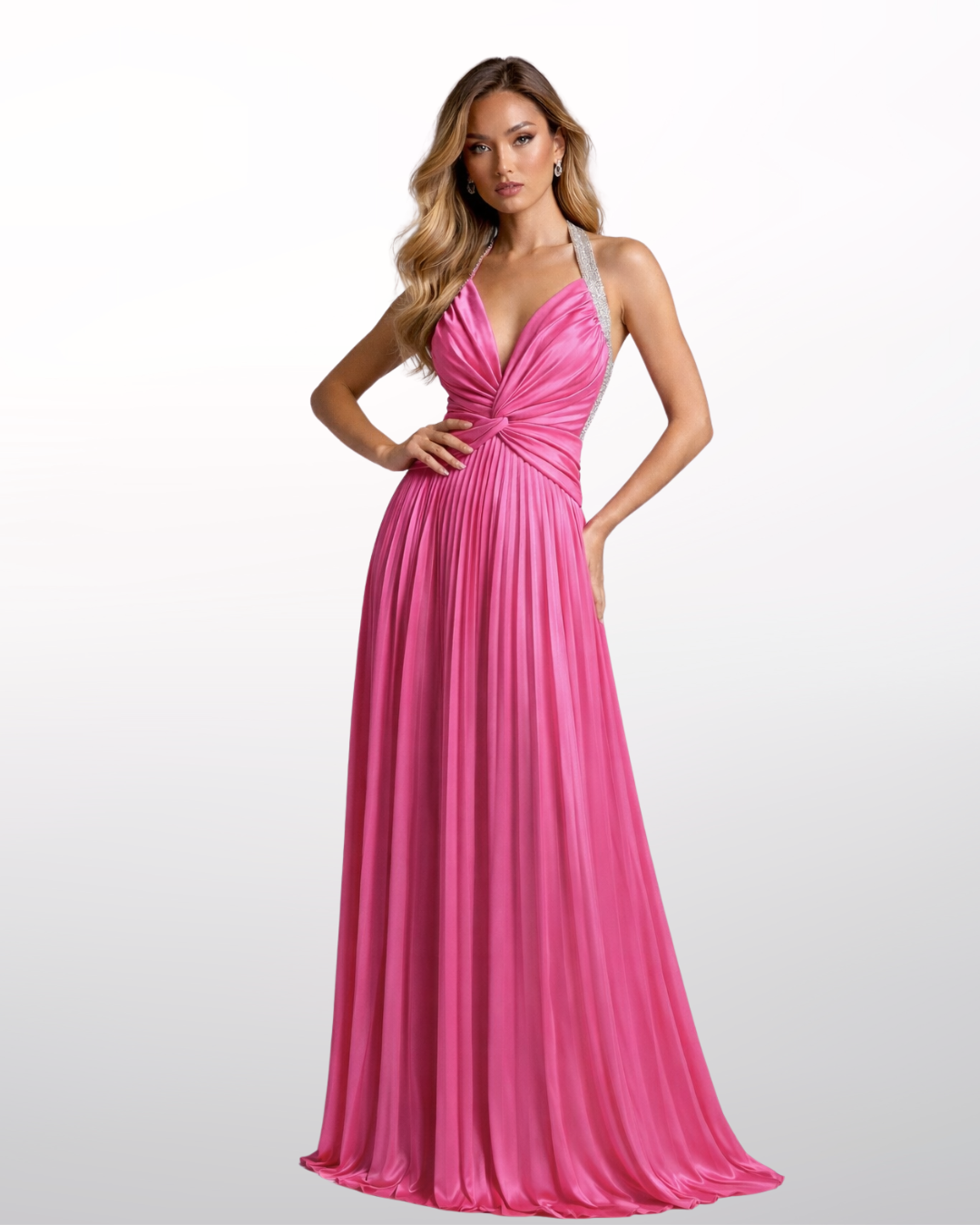Pink Rhinestone Pleated Maxi Dress