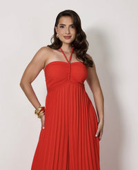Red Pleated Wide-Leg Jumpsuit - Strapless Halter Neck Evening & Party Outfit