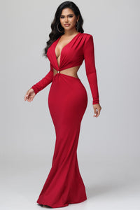 Burgundy Deep V Long Sleeve Maxi Dress