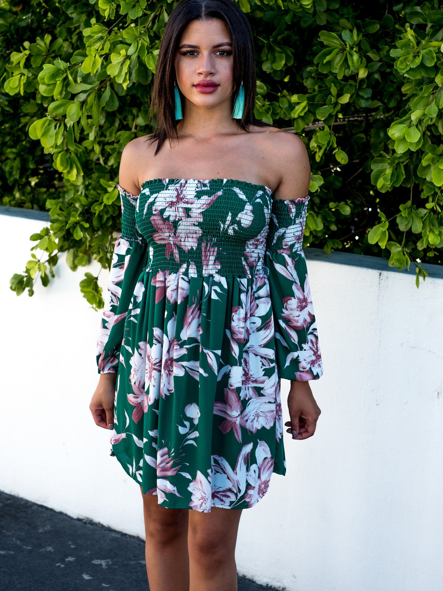 Green Floral Print Off Shoulder Dress
