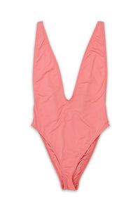 High Cut Low V-Neck One Piece Swimsuit - Coral