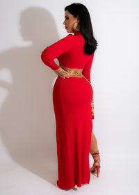 Red Midi Dress With Chain Belt