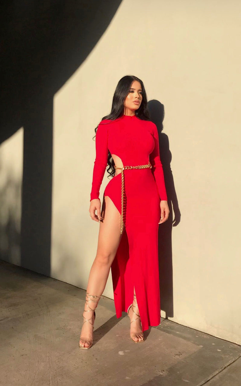 Red Midi Dress With Chain Belt Small