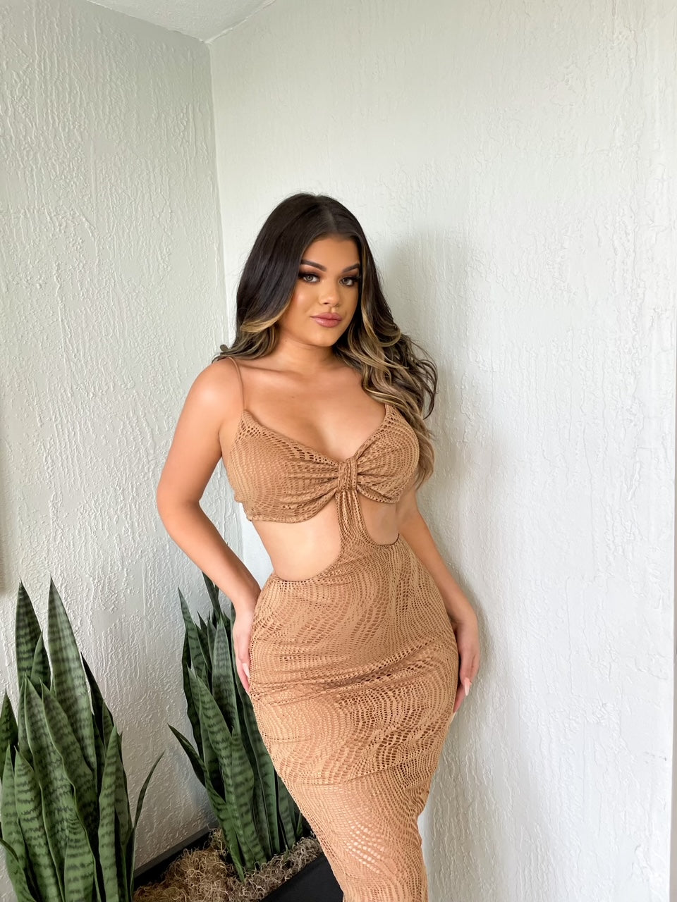 Oasis Babe Midi Dress in Taupe