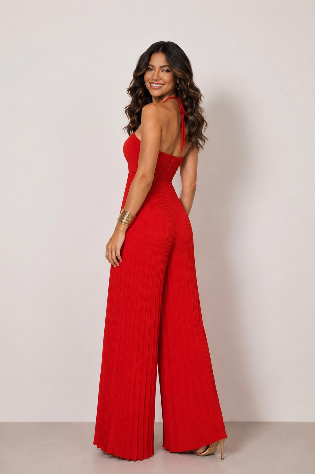 Red Pleated Wide-Leg Jumpsuit - Strapless Halter Neck Evening & Party Outfit
